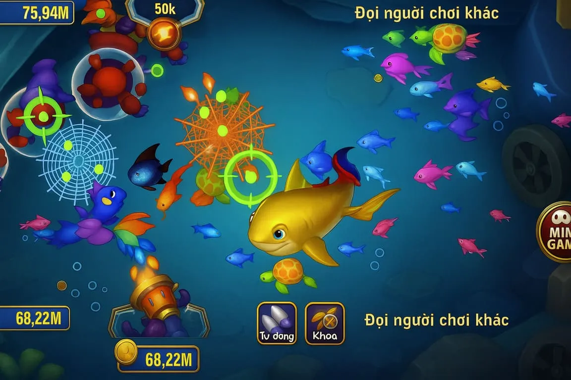 Minh họa combo bắn cá: chuỗi bắn trúng liên tiếp, hiệu ứng nhân điểm và cá đặc biệt xuất hiện trên màn hình.